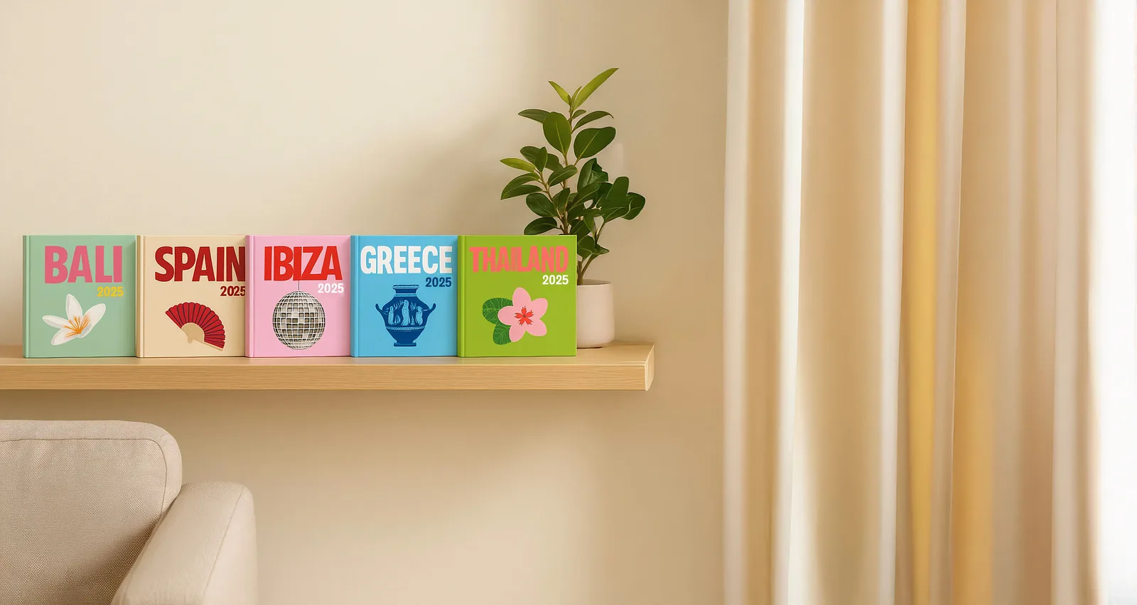 Shelf with different klikkie products including photo books prints and accessories