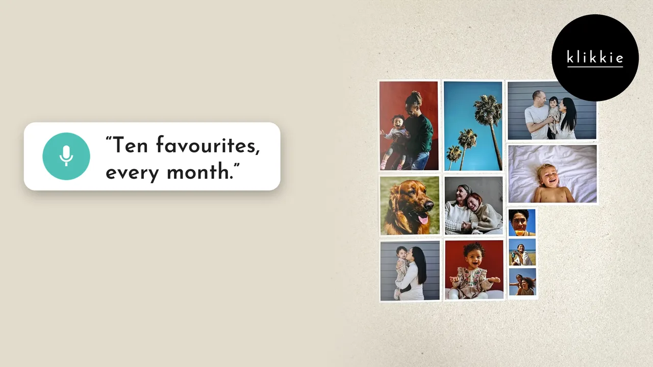 A month of klikkie photo prints laid out in a grid, with a speech bubble saying ten favourites every month