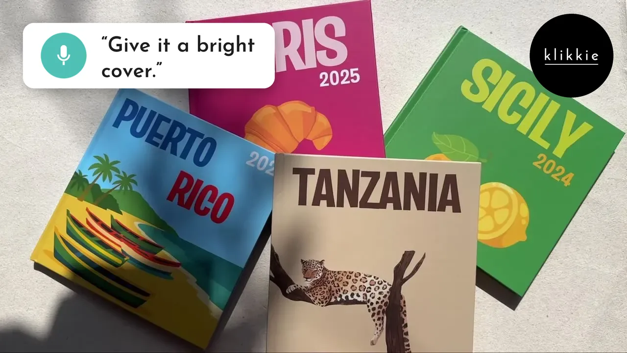 Colourful photo book covers for Paris, Sicily, Puerto Rico and Tanzania, with a klikkie agent speech bubble saying give it a bright cover