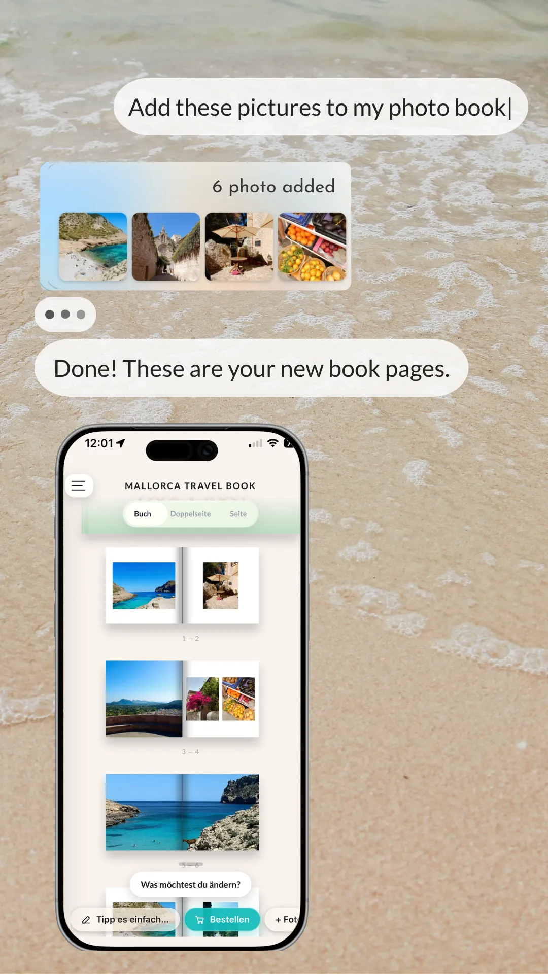 Reviewing a travel photo book made with klikkie on a phone