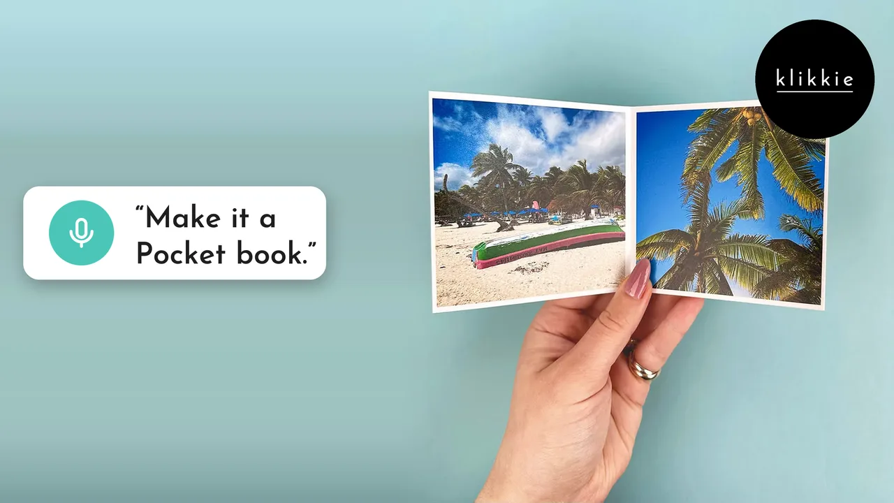 A hand holding a small open klikkie Pocket photo book with beach photos, with the words “Make it a Pocket book.”