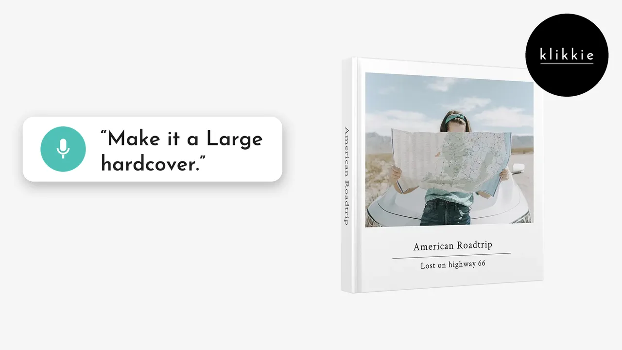 A hardcover klikkie photo book, a guide to photo book binding types, with a speech bubble saying make it a Large hardcover