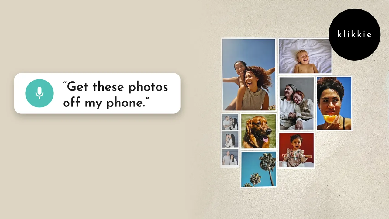 Printed phone photos with white borders laid out on a table, with a speech bubble saying get these photos off my phone