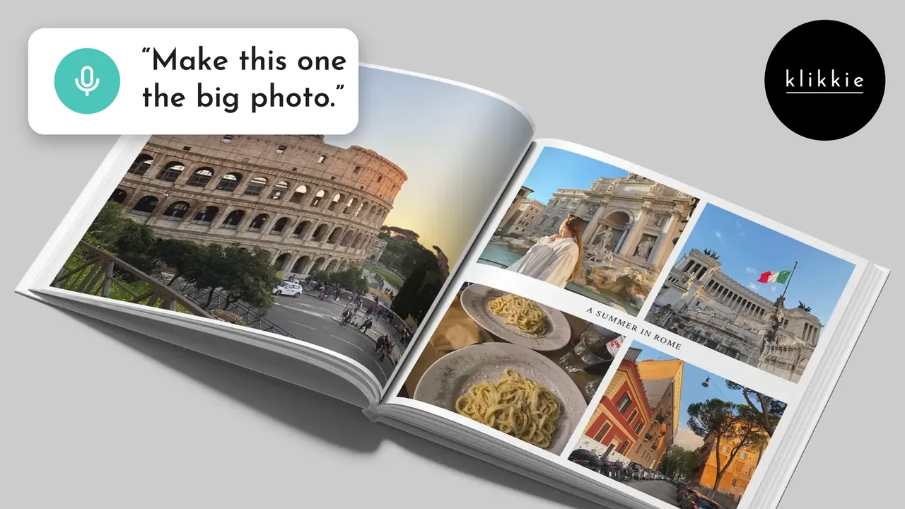 An open klikkie photo book with photos of Rome, with the words “Make this one the big photo.”