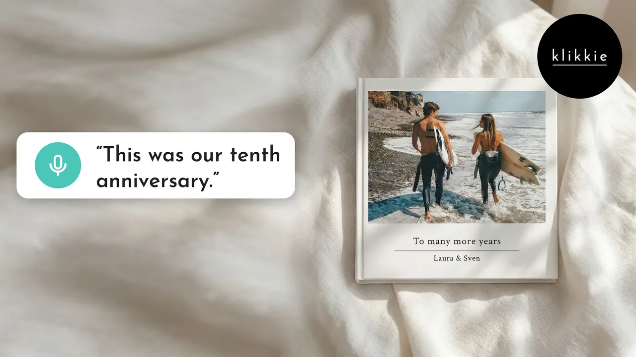 A klikkie photo book with a couple on the beach and “To many more years” on the cover, with the words “This was our tenth anniversary.”