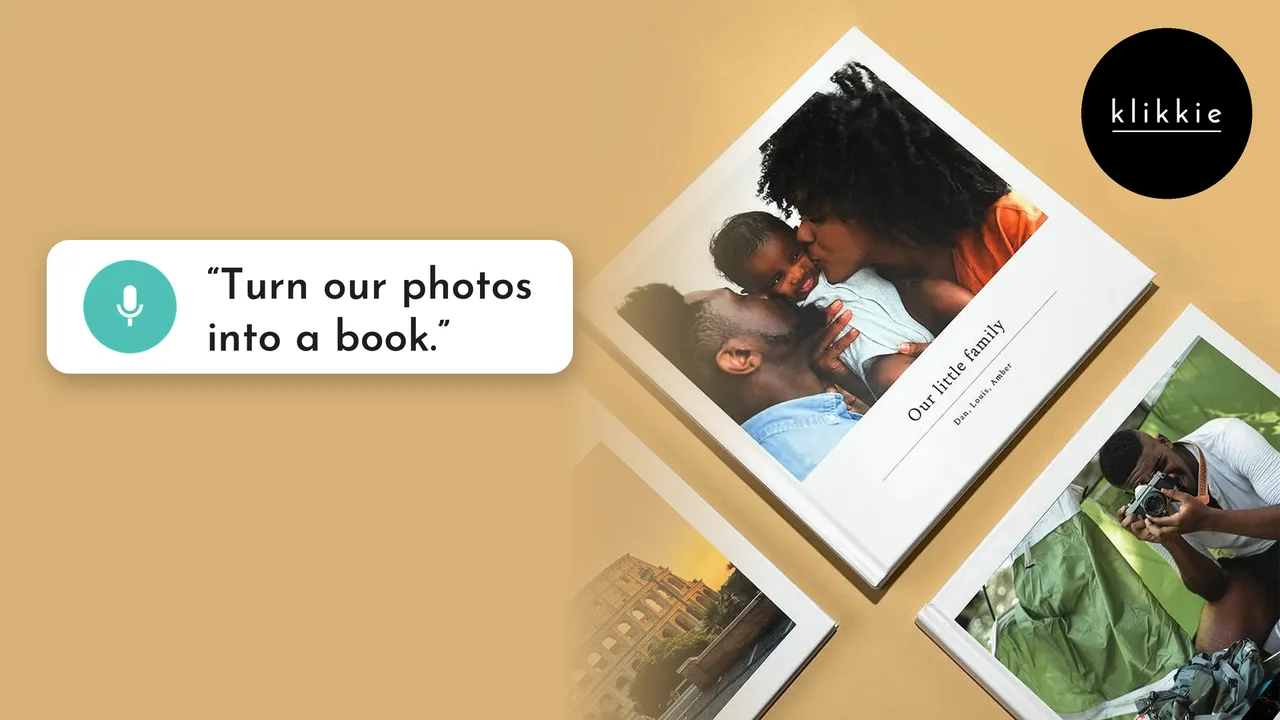 A klikkie photo book made from family photos on a phone, with a speech bubble saying turn our photos into a book