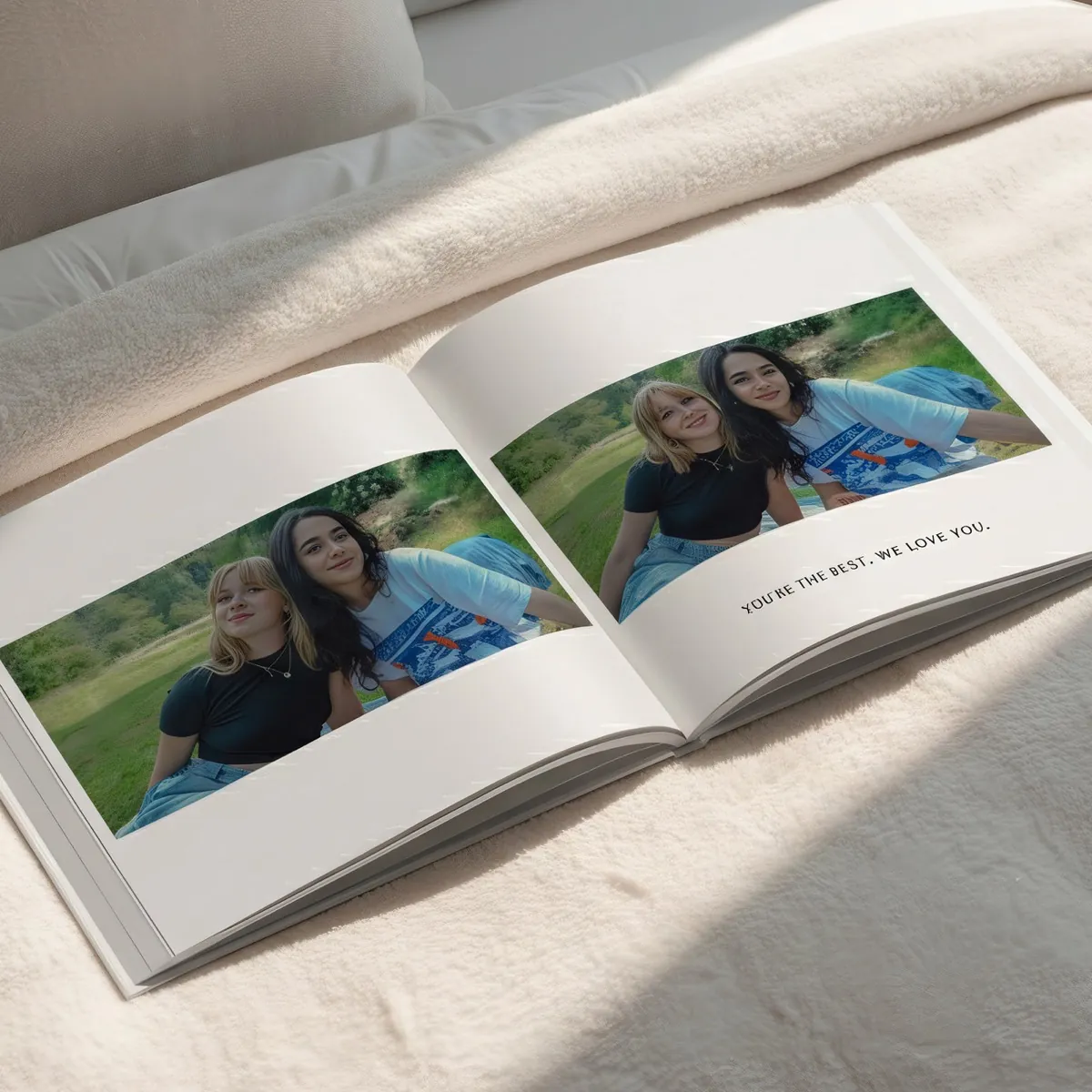 Photo book page with a short caption next to the photo
